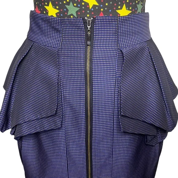 Cue peplum layered skirt, blue and gold checked pattern, size 8 - Picture 2 of 5